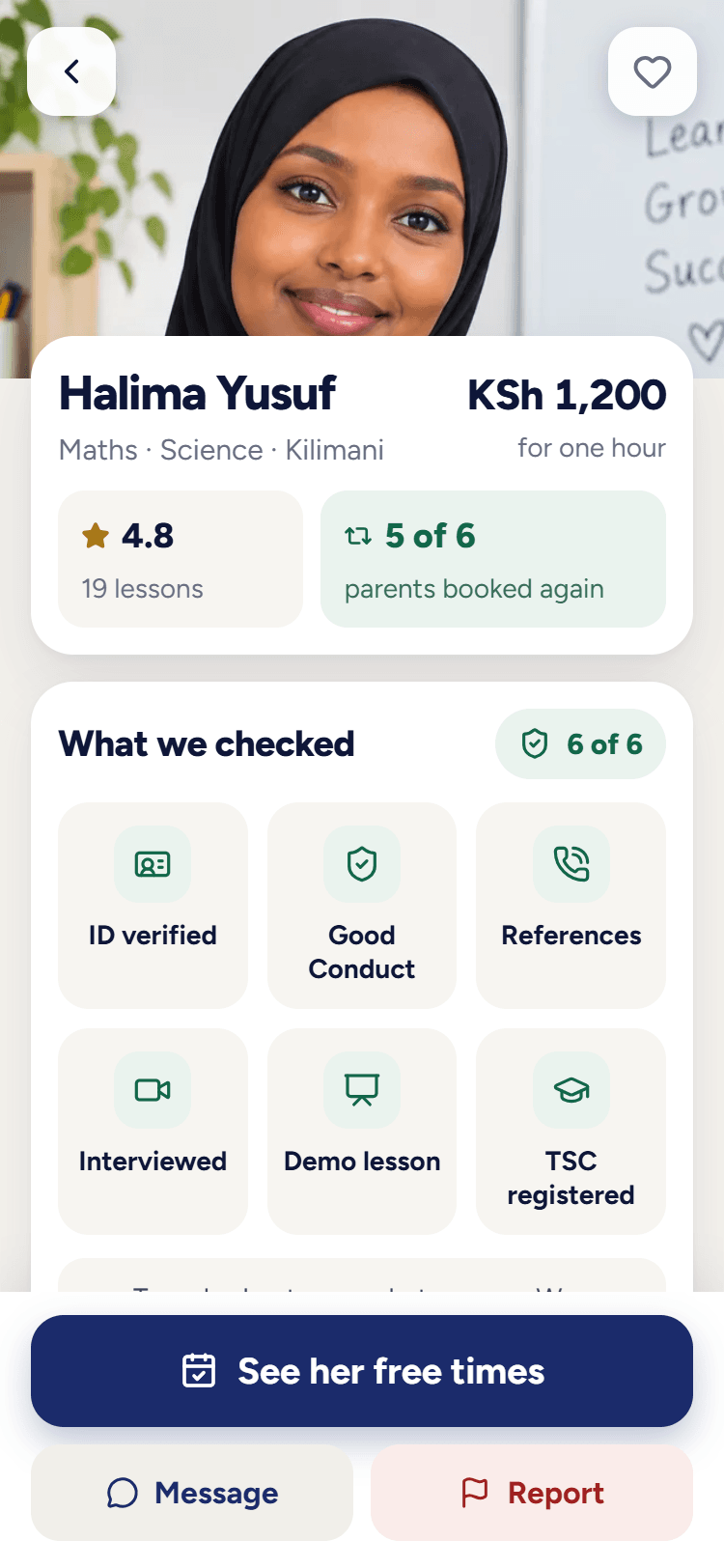A tutor profile showing the tutor's checks, rating, hourly price and availability.