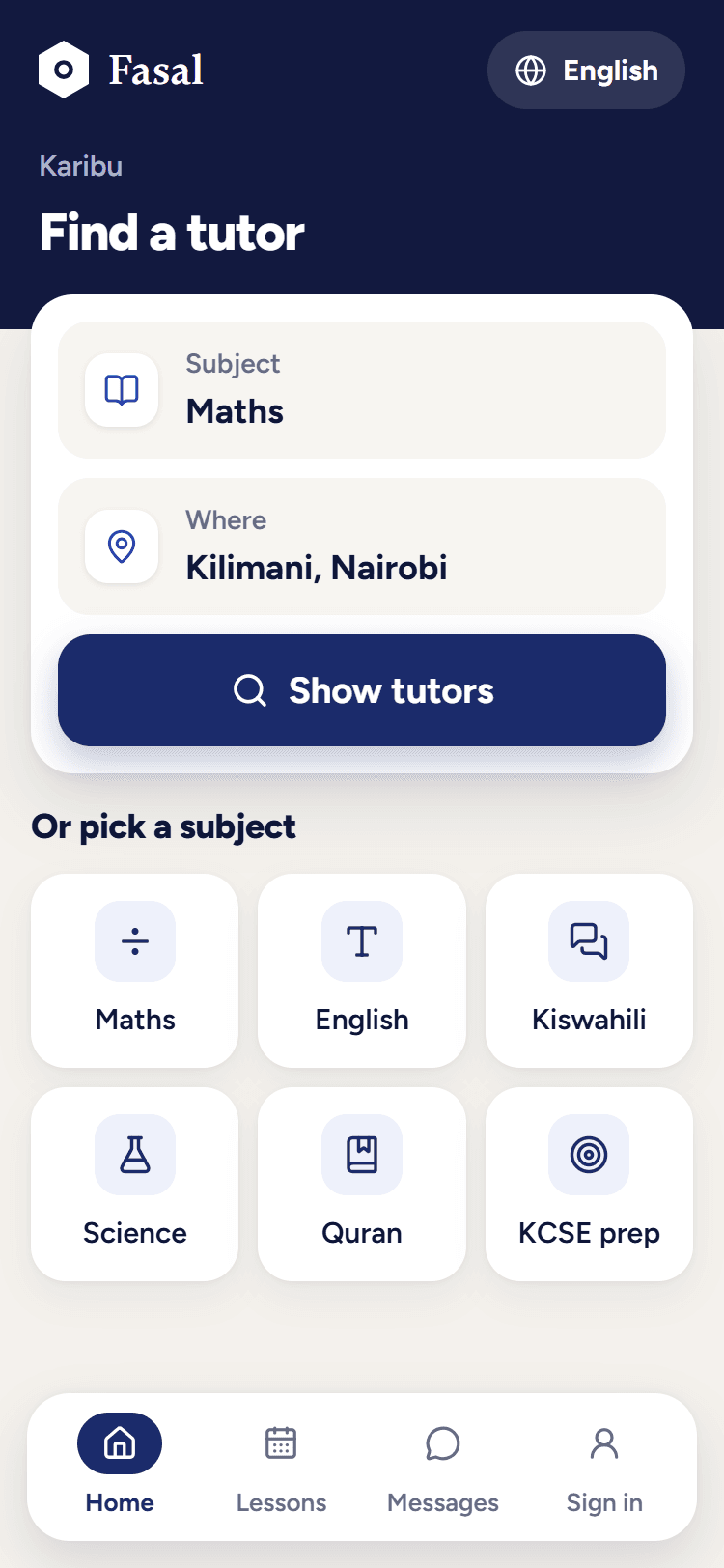 The Fasal home screen showing a parent choosing a subject and finding tutors in their area or online.