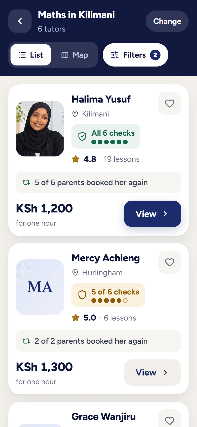 A list of tutors with their checks, ratings and hourly prices.